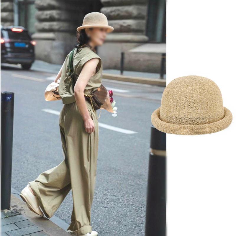 三木博主同款贝雷草帽平顶麦杆帽子女英伦春夏遮阳草编帽三木妈妈