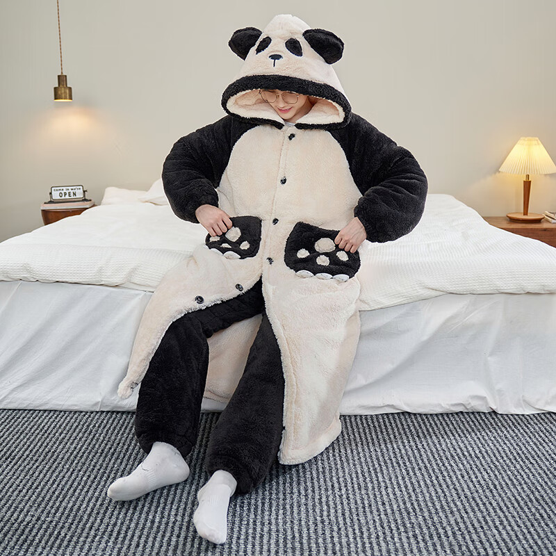 萧淑妃加厚保暖连帽法兰绒男士睡袍冬ins卡通学生珊瑚绒睡衣家居服套装 熊猫竹叶 2XL