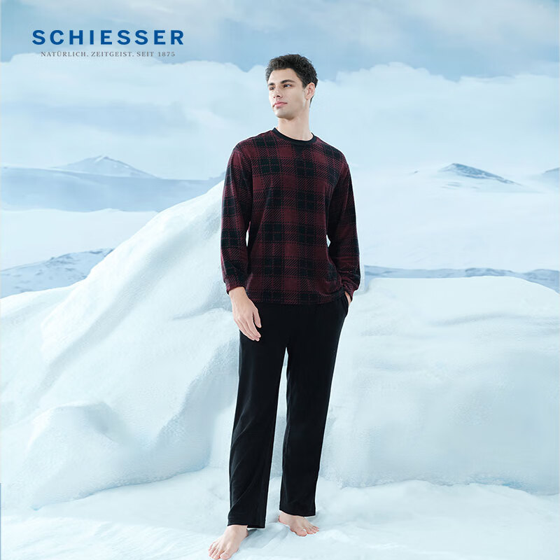 舒雅（Schiesser）男士加厚圆领软糯绒感毛巾布睡衣长袖长裤家居服套装E9/23536H 深红 2XL