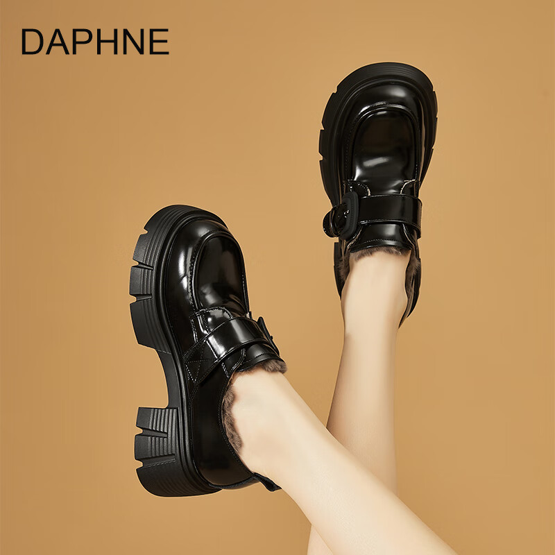 达芙妮加绒乐福鞋厚底百搭2025秋冬新款复古学院jk鞋子女增高黑色小皮鞋 黑色 加绒 38