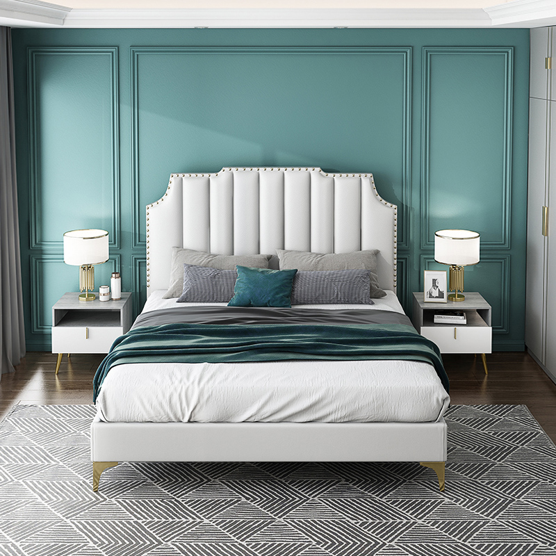 牧眠 床轻奢现代简约欧式床双人床主卧婚床美式1.8米软床小户型主卧皮床 白色 1.5米框架床