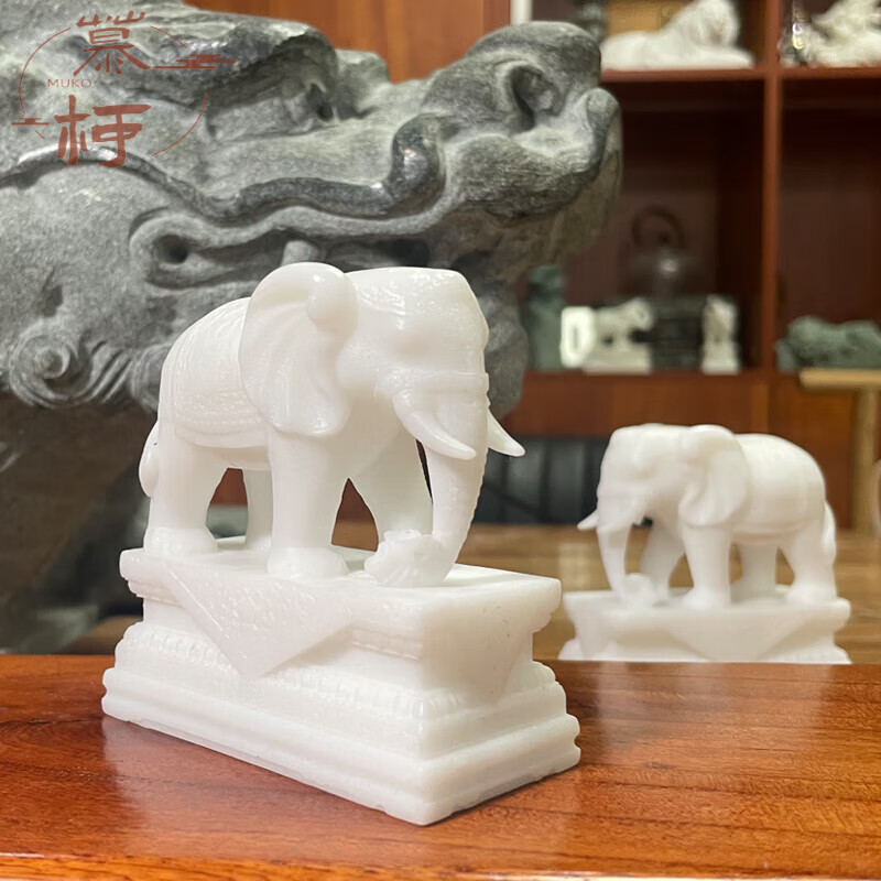 慕柯汉白玉石雕大象摆件一对客厅办公桌摆放玄关酒柜吸水象工艺品 象莲台（长8宽3.6高8厘米） 一