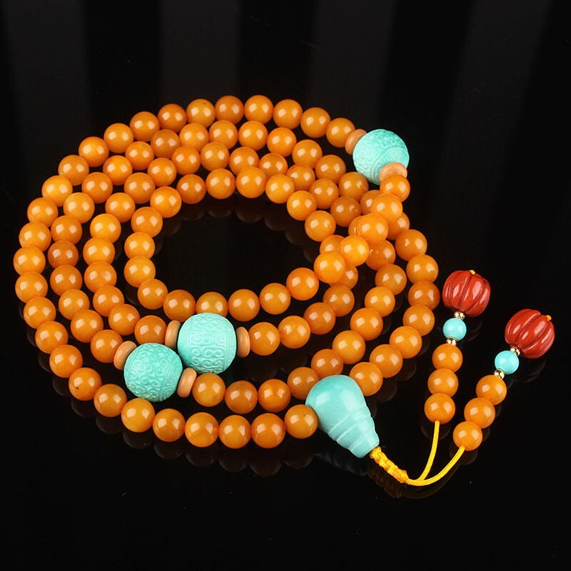 精品琥珀蜜蜡圆珠108佛珠diy手链绕手四圈.重20.07克