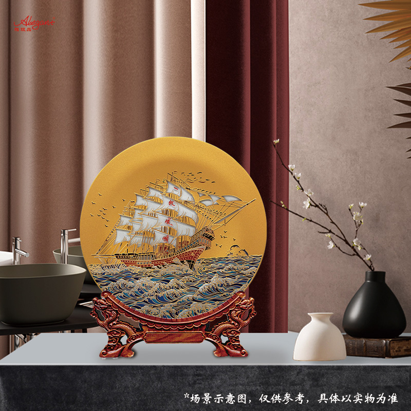 雅琅晶 乔迁开业礼物桌面摆件办公室一帆风顺帆船定制轻奢高级感工艺品 一帆风顺(32cm直径双面晶雕手绘)
