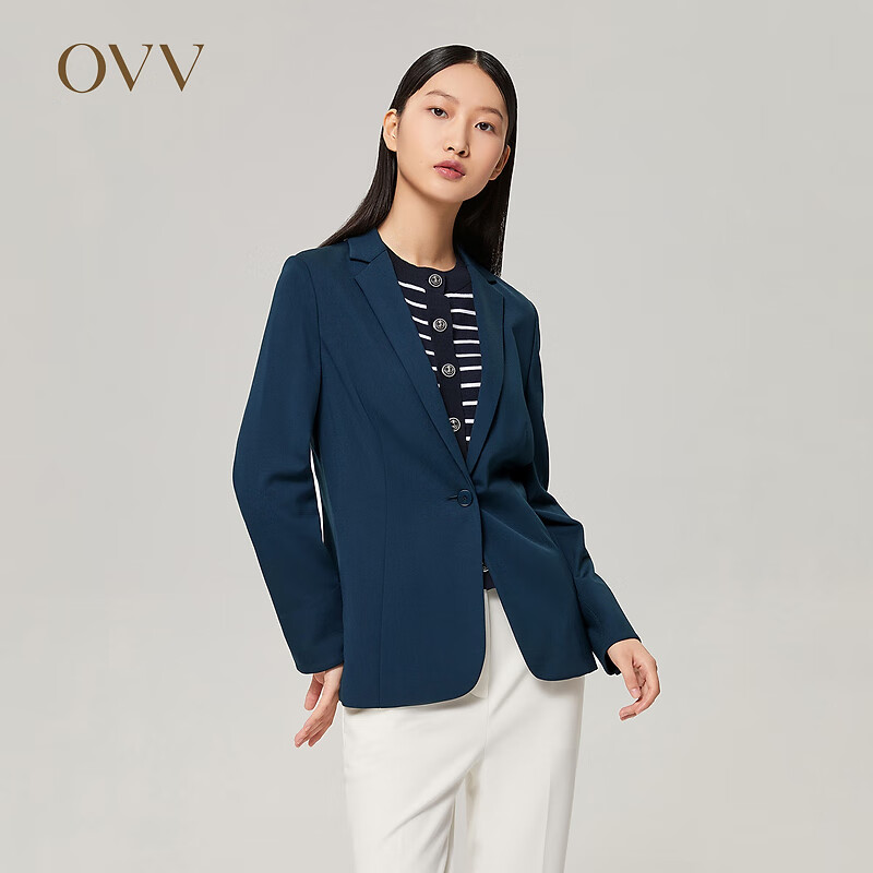OVV秋冬热卖高弹针织通勤职业套装西服上衣 藏青A6 M