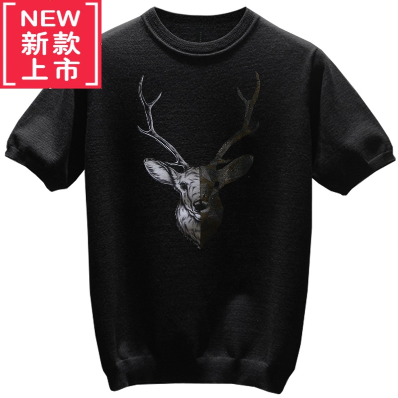 国际品牌男装秋冬加厚款男鹿头烫钻圆领短袖t恤修身半