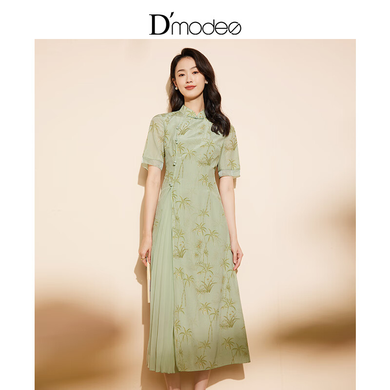 黛玛诗显瘦花裙子夏季新款国风素色印花中长款改良旗袍裙女 绿色 XL