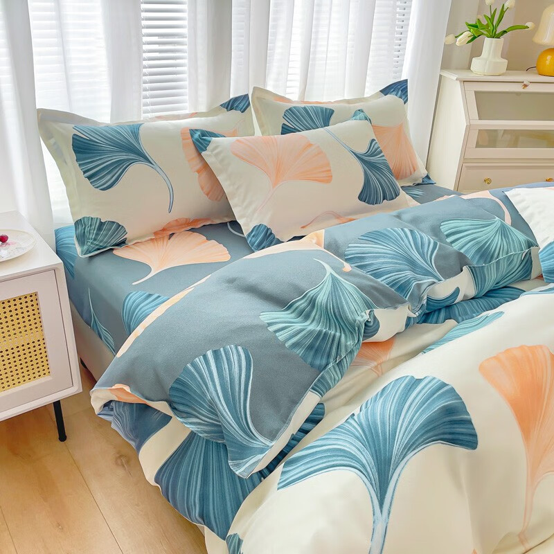 多兰诗(Duolanshi)磨毛四件套 春秋加厚保暖小清新宿舍卡通家用斜纹四件套 银杏花开米 2.0米 床单款 被套200*230 四件套