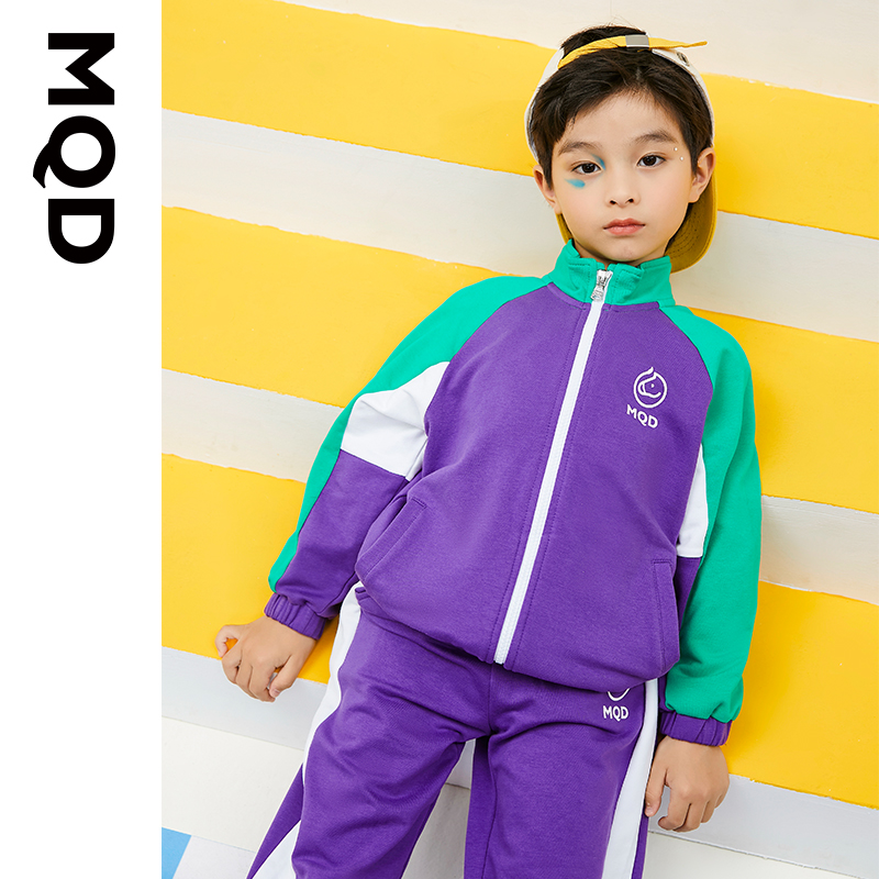 MQD男大童套装2022春装新款运动撞色两件套时尚洋气儿童外套 紫色 120cm