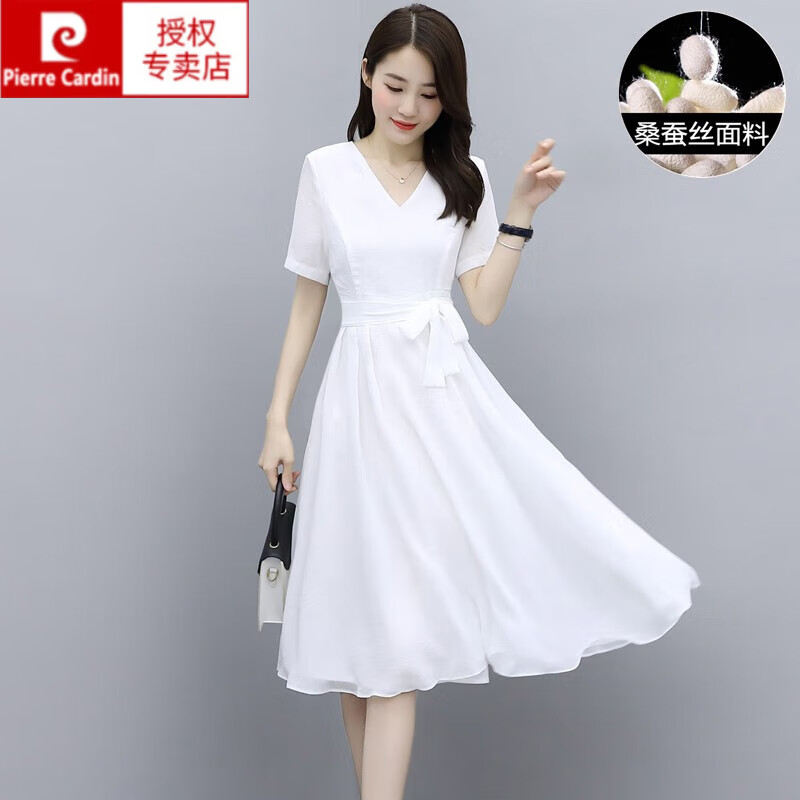 皮尔卡丹(pierre cardin)高端品牌简约白色桑蚕丝连衣裙v领显瘦韩版