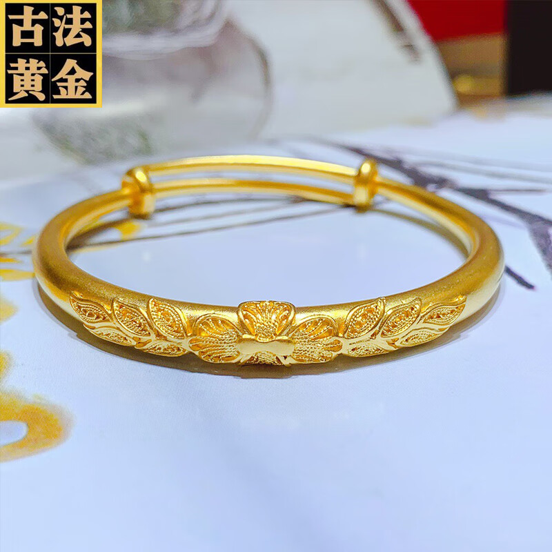小腰金 古法金黄金手镯妈妈款推拉活口实心999足金镯子女足金雕花传承