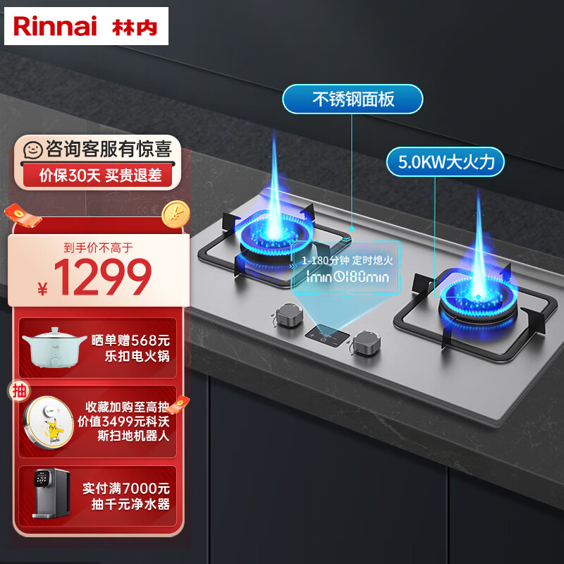 林内（Rinnai）燃气灶双灶 家用嵌入式两用 超长定时5.0KW猛火灶不锈钢 天然气 日本高端品牌灶具2E08MT 不锈钢面板