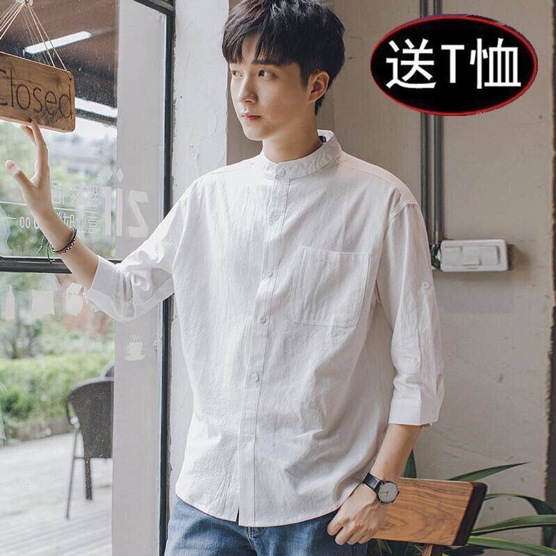 楠语秋(nanyuqiu)】夏季薄款立领衬衫男韩版港风七分袖宽松学生潮男