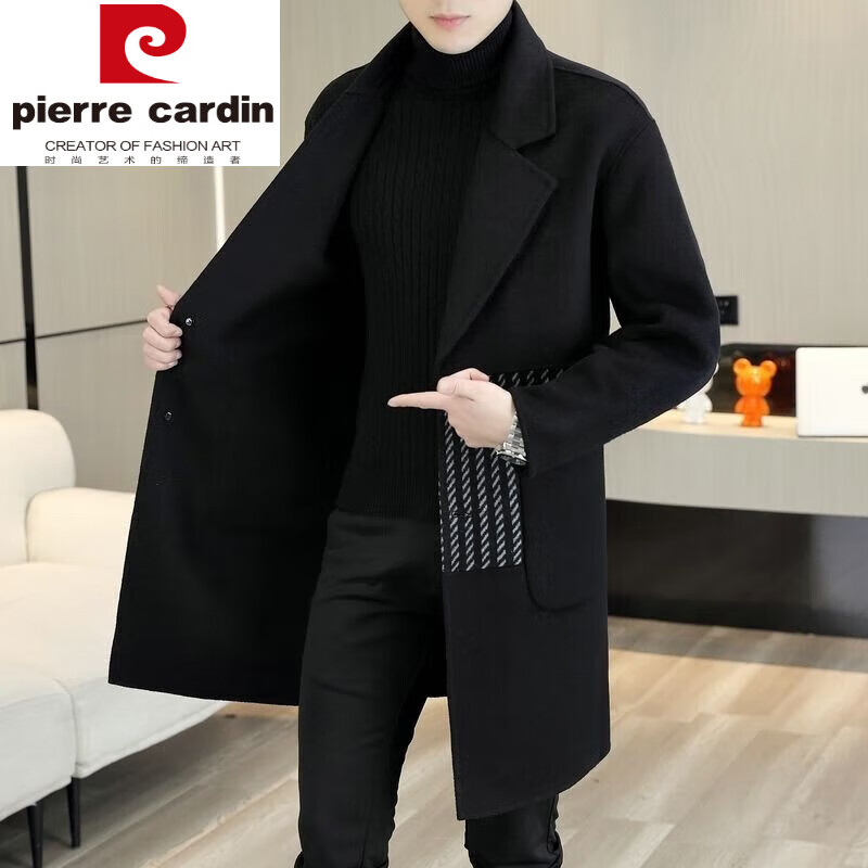 皮爾卡丹（pierre cardin）2024春季男士西裝款毛呢外套高檔輕奢羊毛面料商務(wù)休閑外套 88106黑色中長(zhǎng)款 L (建議105120斤)
