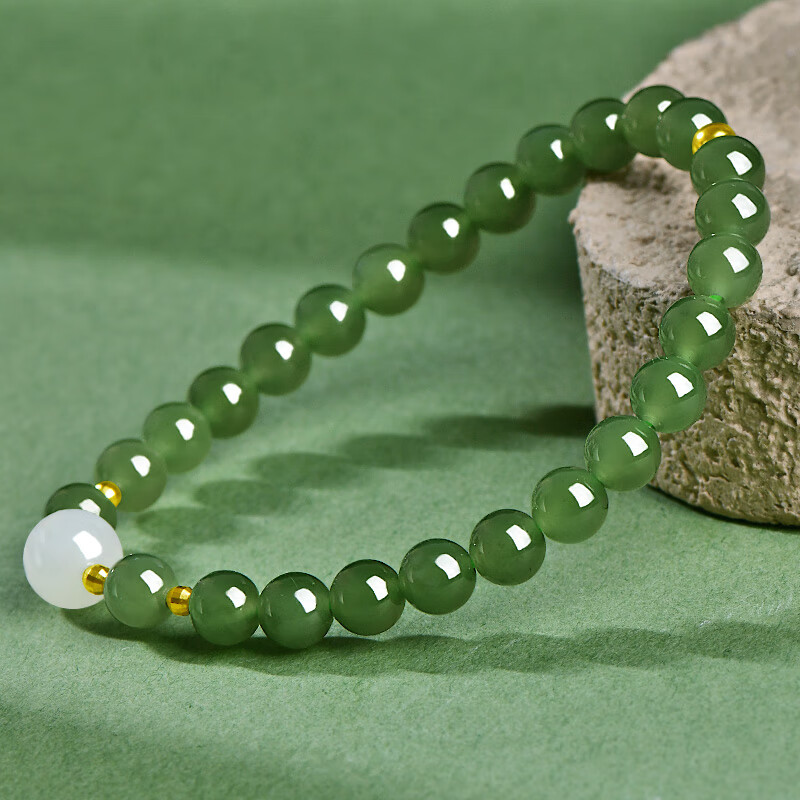 可玉可求直播选货 和田玉手链 女款浅青色圆珠玉石手串 足金搭配珠宝玉器 约6毫米 D2258q