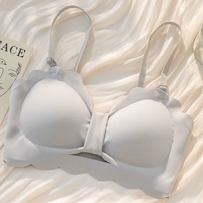 浪莎痕抹胸纯欲内衣女聚拢收副乳薄款大胸显小少女钢圈罩套装 浅灰