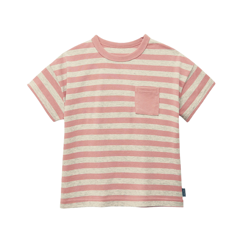 千趣会日本童装男童女童短袖T恤春夏季打底衫日系条纹潮流纯棉儿童T恤 烟粉色&燕麦色 120cm