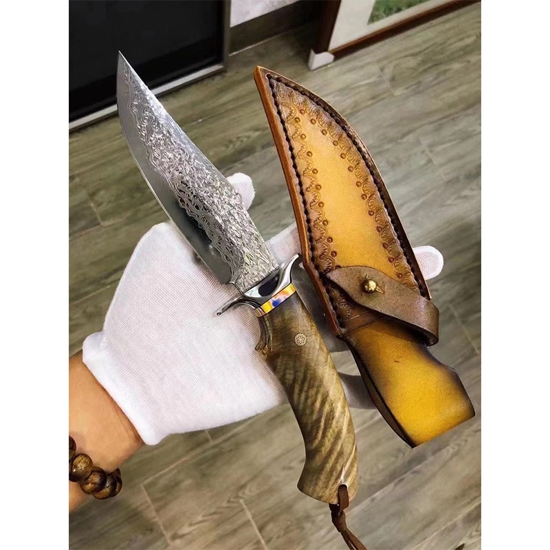 雨轩户外 户外收藏小刀 实用型手工直刀vg10大马士革钢刀白影木手柄