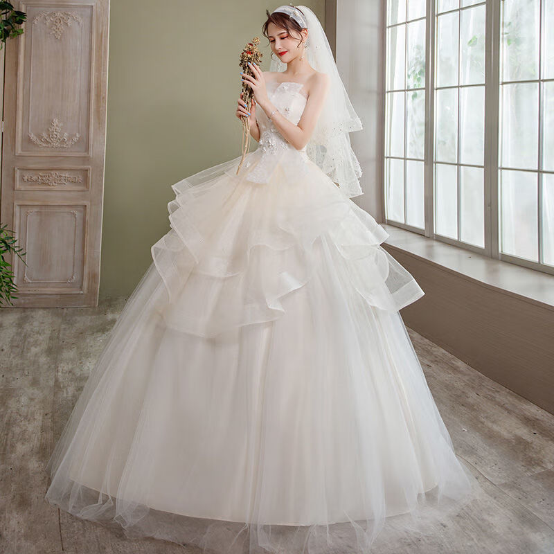 尚簡紛不支持退貨）主婚紗禮服新娘結(jié)婚禮網(wǎng)紅齊地蓬蓬裙顯瘦出門輕婚紗 象牙白 S