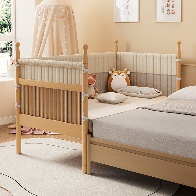 枫眠 儿童床拼接床婴儿床带护栏边床婴幼儿床男女孩床 进口榉木 床+小熊床围+5cm椰棕床垫 180cm*60cm（外径)