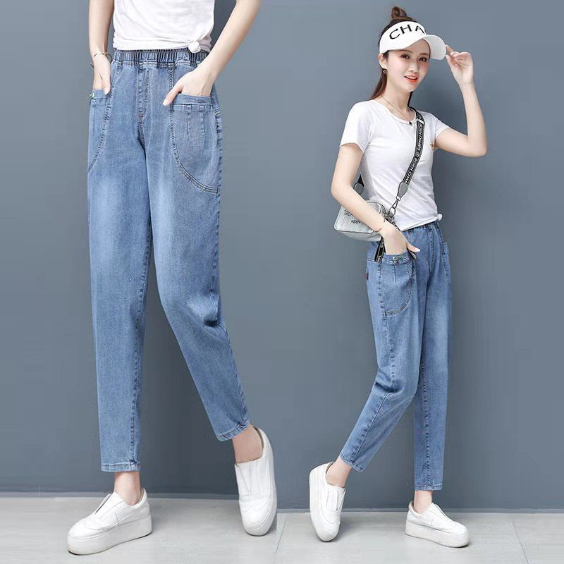 婵姻九分老爹牛仔裤女2021年春夏季新款高腰显瘦薄款小脚哈伦裤子夏潮