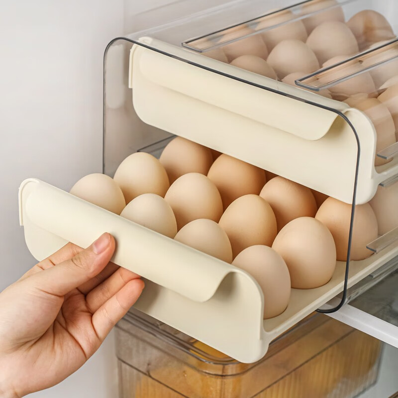 川岛屋（KAWASIMAYA）川岛屋鸡蛋收纳盒冰箱专用抽屉式放鸡蛋盒子架托保鲜厨房整理神器 奶油白抽屉式鸡蛋盒(双层32格)