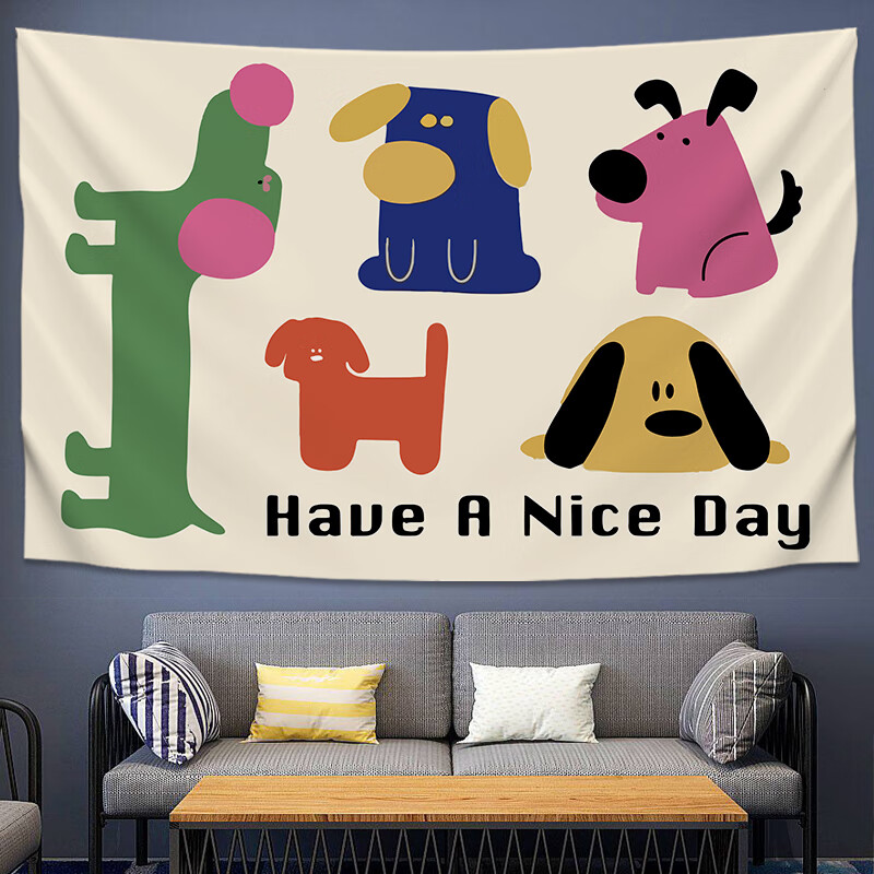 辉客映上卡通手绘彩色小狗免打孔挂布卧室床头大号挂毯直播装饰背景布