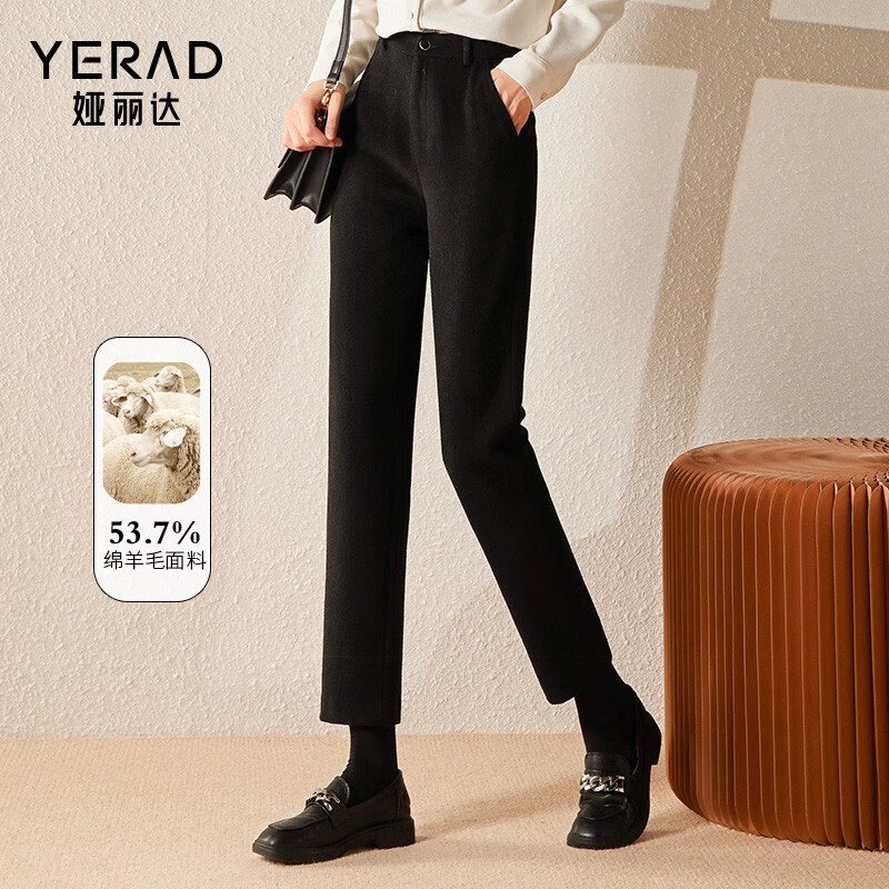 娅丽达女裤毛呢直筒裤女羊毛裤秋冬新款黑色裤子高腰显瘦靴裤 黑色(a0