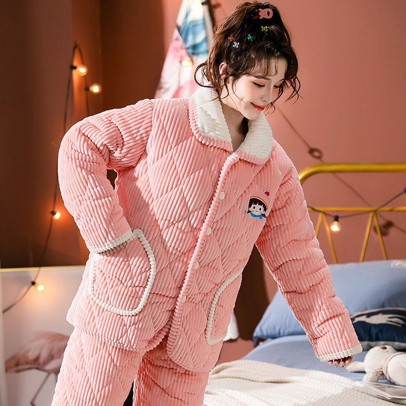 月桂兔*女生睡衣冬季居家服款加绒保暖三层夹棉秋冬天女装法兰绒家居