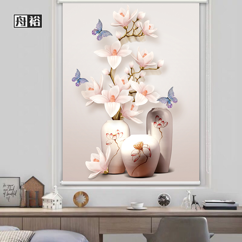 舟裕 免打孔定制卷帘玉兰花卫生间防水防油家用遮光遮阳手拉升降窗帘 花卉06 加厚油画布/平方 京东折扣/优惠券