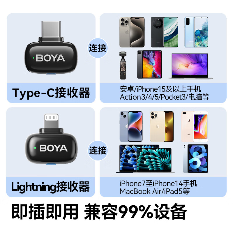 BOYA博雅mini迷你麦克风无线麦克风领夹收音麦手机直播户外短视频录音降噪 type-c版 一拖二