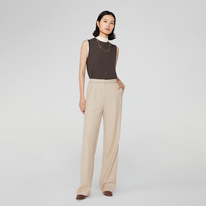 OVV秋冬热卖女装羊毛法兰绒褶饰简约通勤直筒休闲长裤 燕麦（净色）C4 M