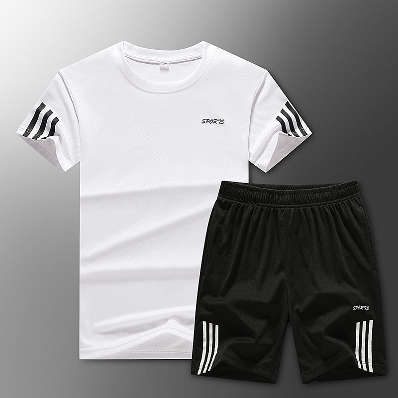 新款夏季运动套装男大码跑步健身篮球衣速干服宽松休闲短袖套装男 白色 M