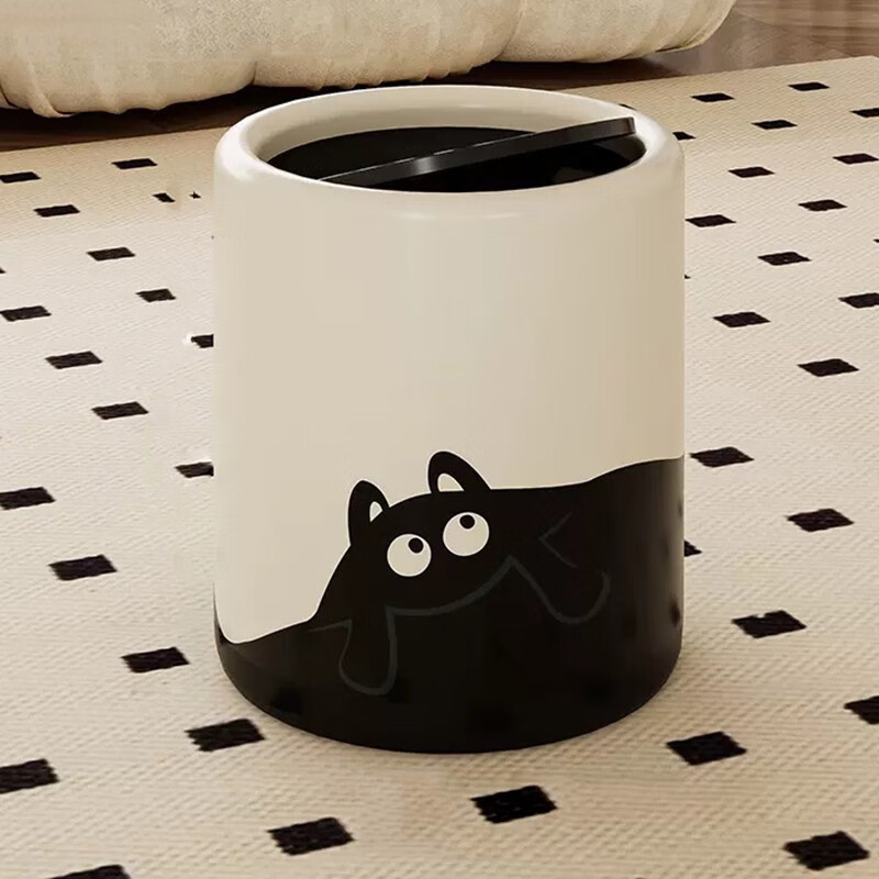 馨苑轻奢奶油甜美风客厅垃圾桶 卧室书房清新双层纸篓 黑猫带盖