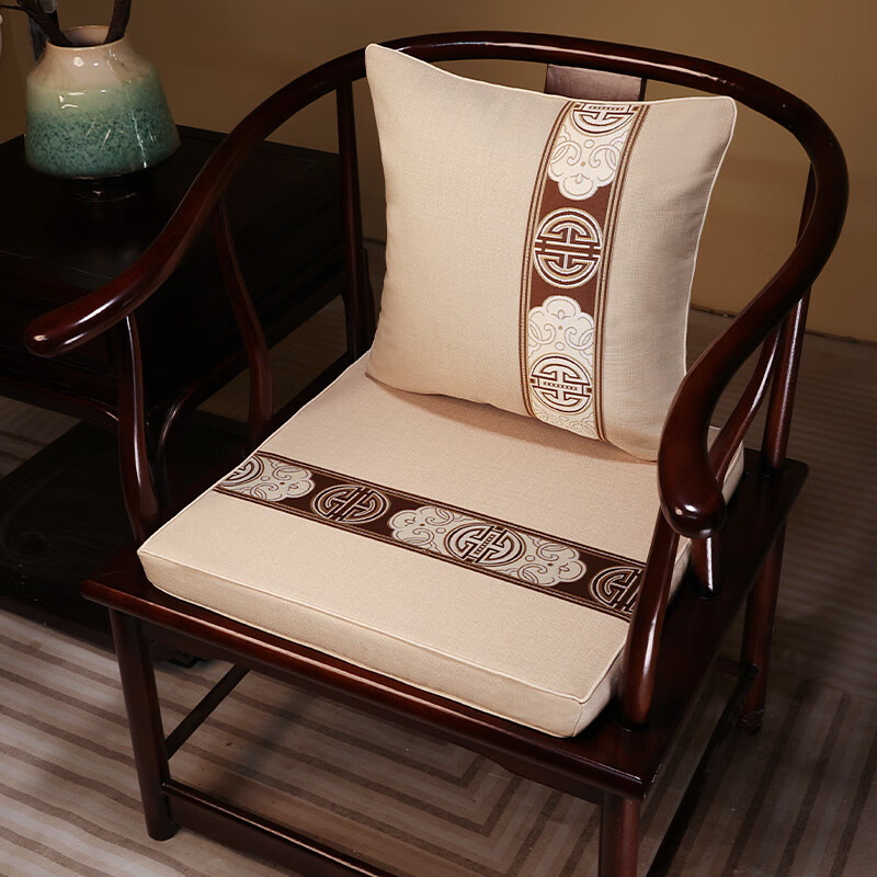 贺锦堂新中式红木椅子坐垫四季通用防滑实木圈椅太师椅座垫茶台茶桌椅垫 锦绣-米 44cm*50cm(含5cm海绵垫)
