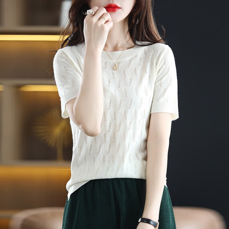 记述短袖t恤春夏季新款半袖圆领韩版宽松气质镂空上衣 白色 #m(建议85