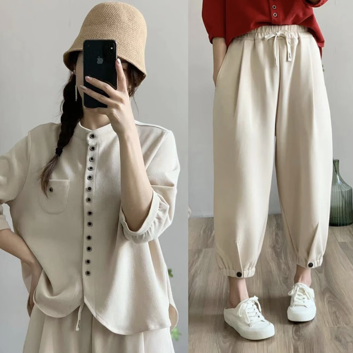 ukcf春夏新款两件套纯色文艺风五分袖衬衫 休闲纽扣哈伦裤洋气套装女
