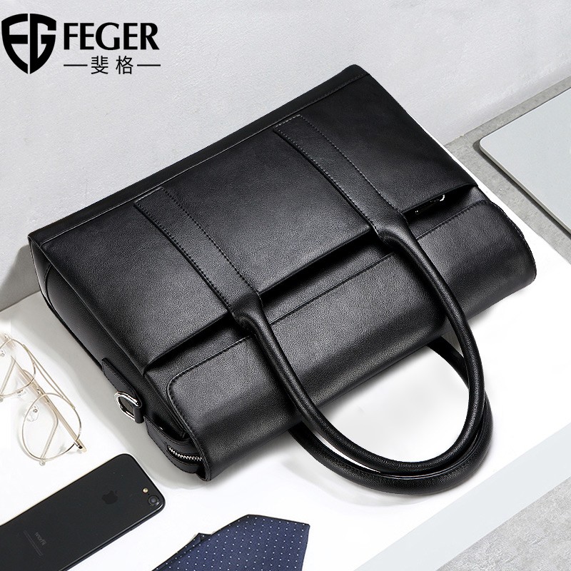 斐格男士手提包商务公文包男真皮斜挎包电脑包轻奢牛皮单肩包大容量 经典黑(14英寸头层牛皮) 14英寸