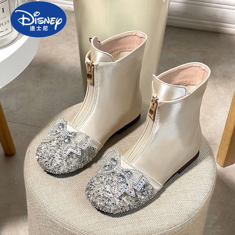 迪士尼（Disney）女童靴子儿童春秋单靴2024新款宝宝马丁靴冬加绒皮鞋公主水晶短靴 米白色 单里 23