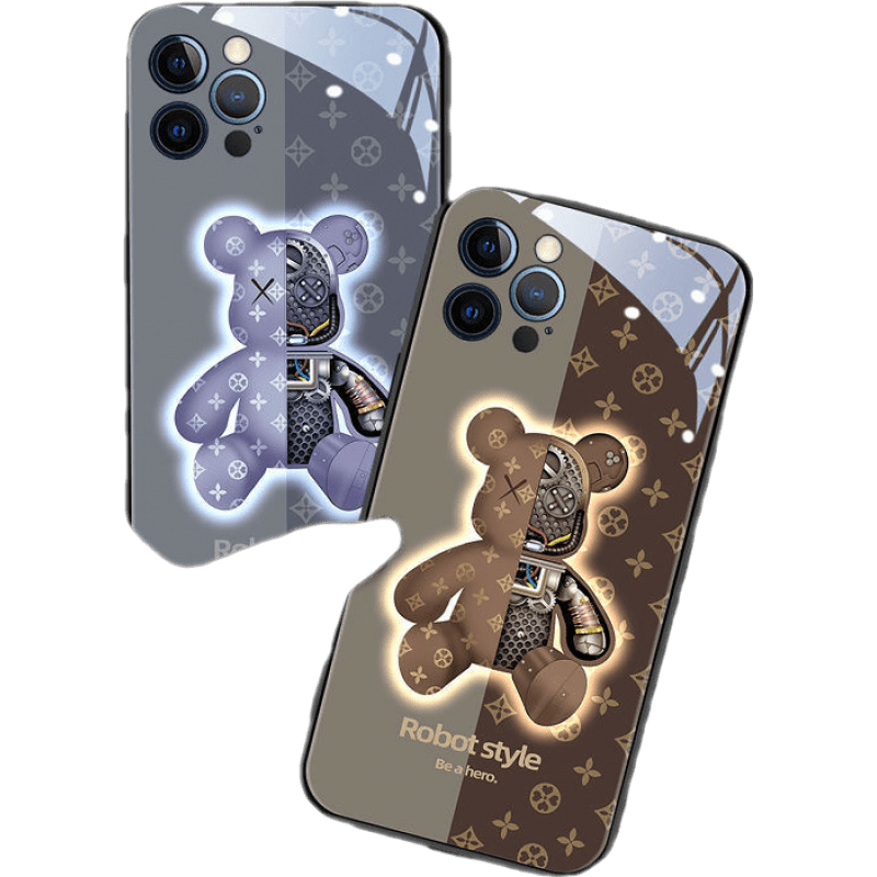 掌達人來電發(fā)光iPhone15手機殼玻璃機械熊卡通14來電閃13pro可愛12情侶時尚潮牌 布偶熊 咖【全包精孔】 蘋果13