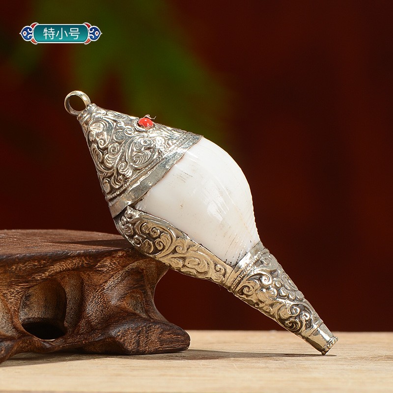 艺巅吉彩 尼泊尔进口海螺摆件 手工包铜雕花号角工艺品能吹响白海螺 特小号