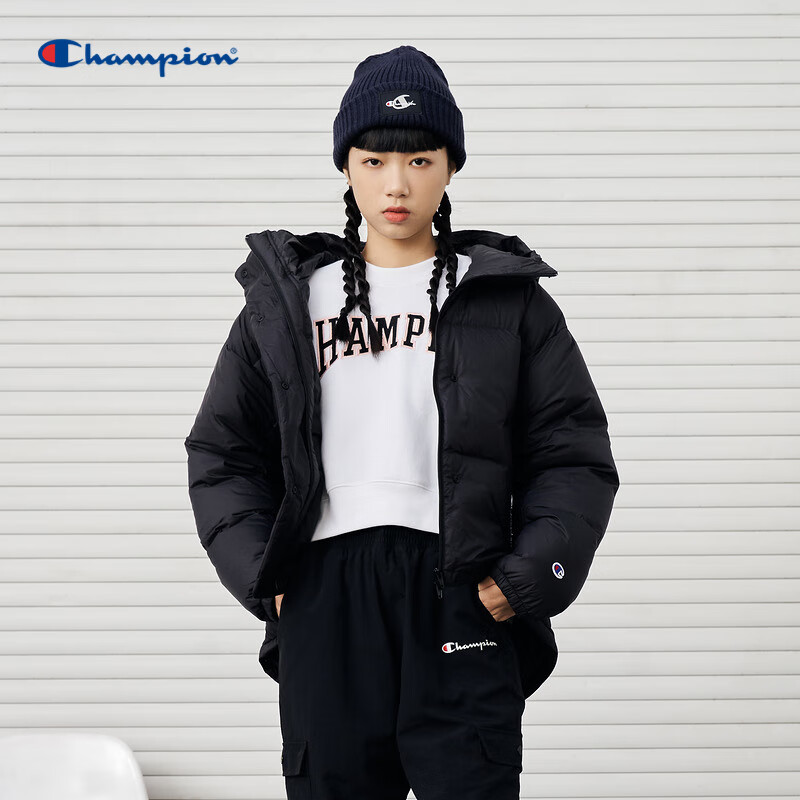champion冠军秋冬新款纯色连帽外套中厚保暖短款运动羽绒服女 黑色 m