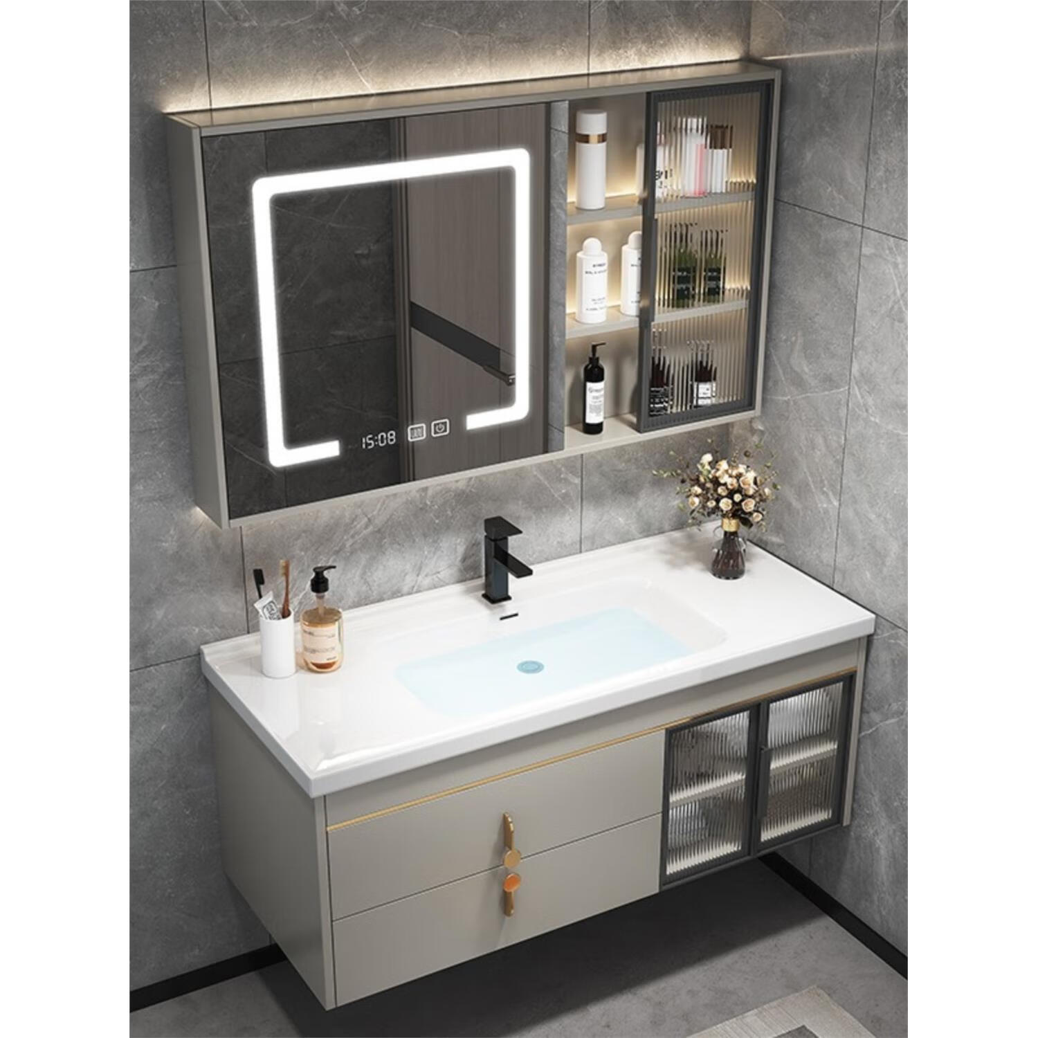 恒洁通陶瓷一体盆浴室柜组合现代轻奢小户型洗手池洗脸盆卫生间洗漱台