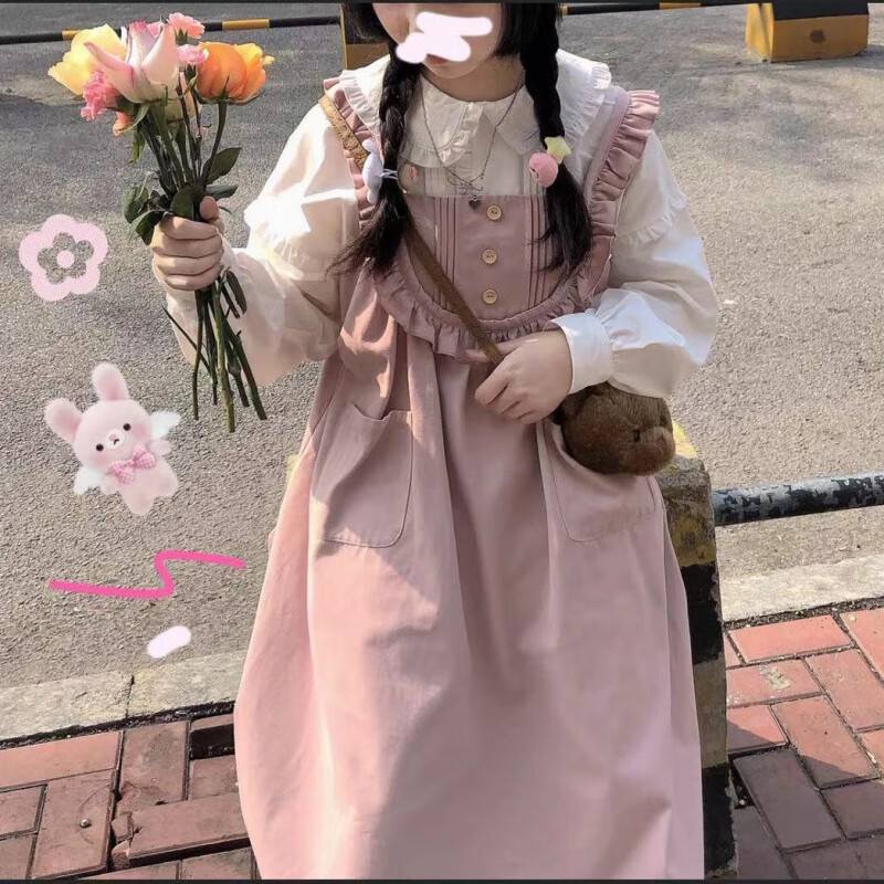 鹤舞清风日系学院风可爱春秋甜美娃娃领衬衫背带连衣女少女感软妹两