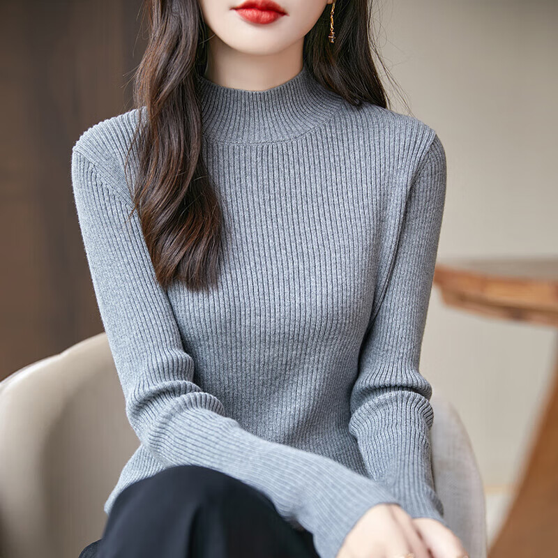 香影芬2025秋冬新款半高领棉线针织毛衣女修身内搭洋气打底衫女百搭上衣 米杏色 M (建议95-105斤)