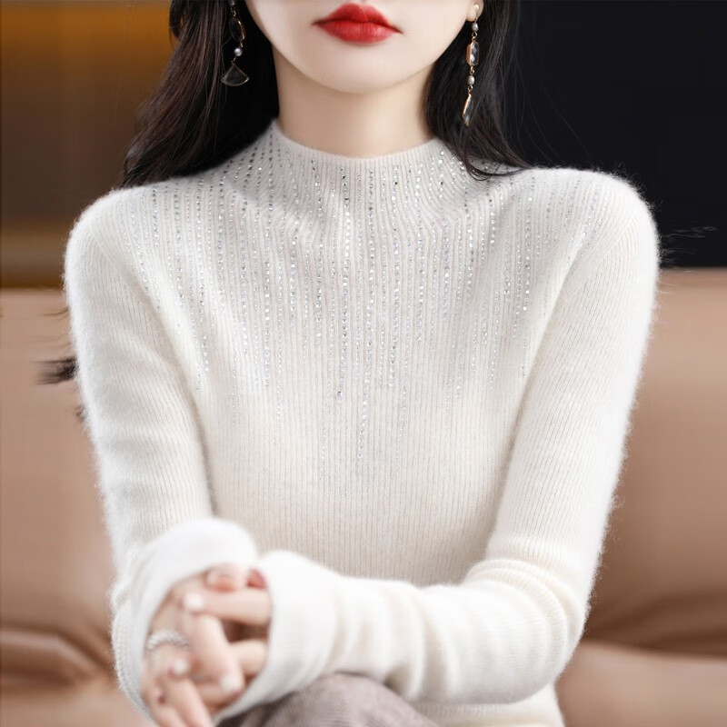 香影芬半高领镶钻秋冬毛衣女2025新款一线成衣毛衣修身显瘦打底衫针织衫 原绒米 2XL (建议125-135斤)