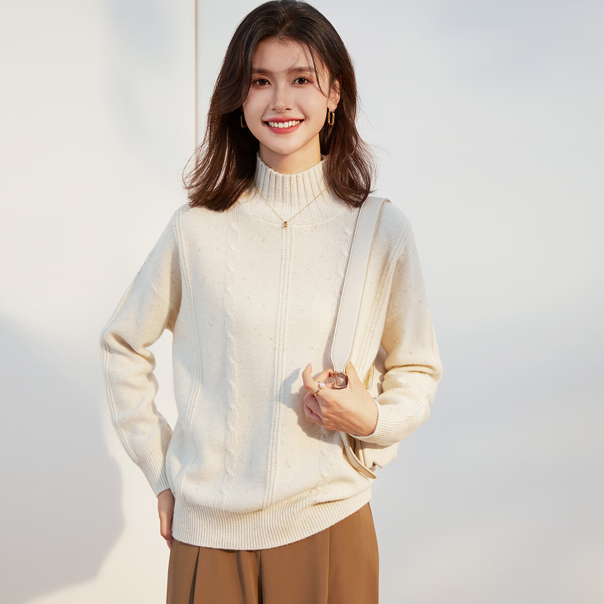 金菊加厚【100%绵羊毛】秋冬新款高领通勤落肩袖绞花毛衣女士羊毛衫