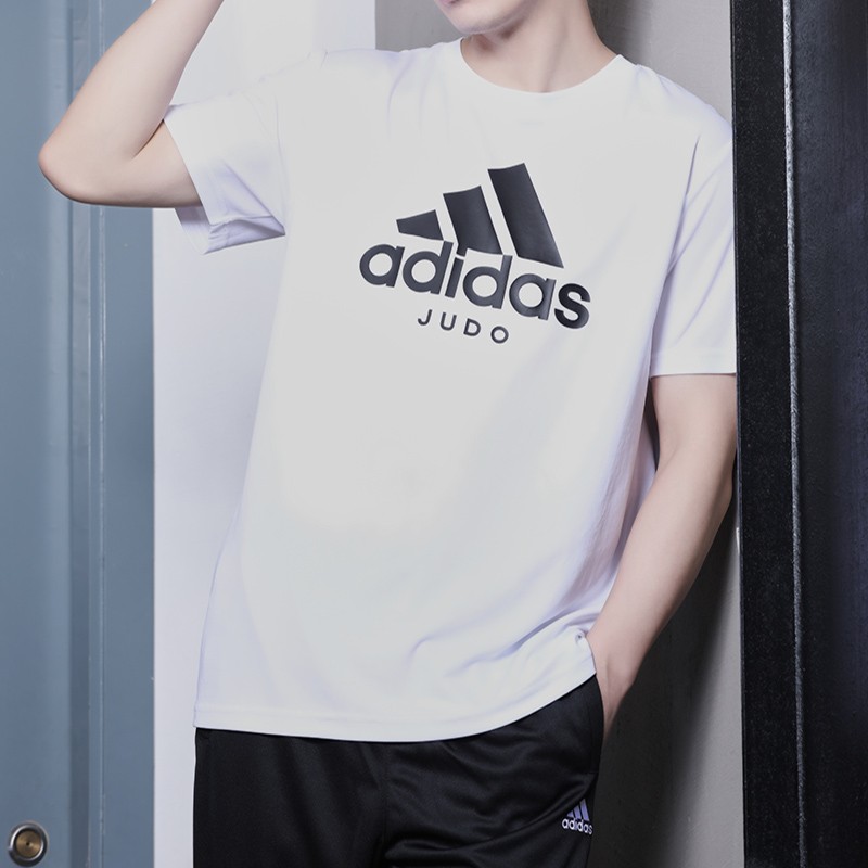 服跑步训练健身圆领透气快干舒适短袖针织宽松半袖上衣 judo白/黑logo