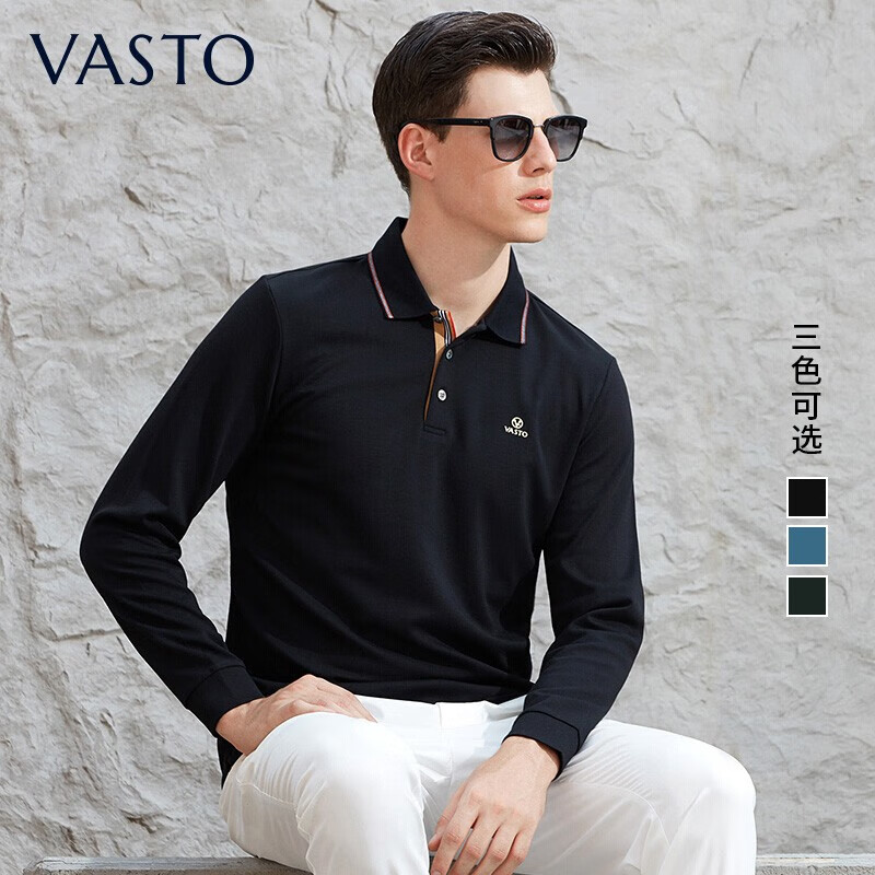 vasto华斯度秋新款撞色翻领长袖衫男微弹休闲男装上衣易打理 黑色12y