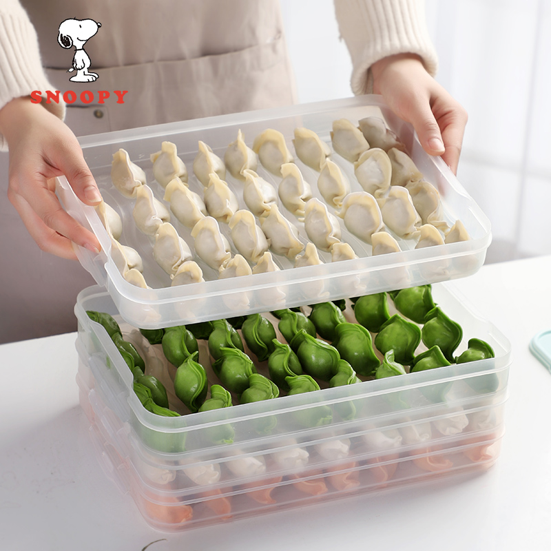 史努比（SNOOPY）饺子盒冰箱食品级保鲜收纳盒长方形冷冻水饺盒馄钝盒4层带盖塑料托盘8063蓝色